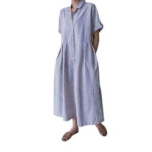 chouyatou Women's Cotton Striped Shirt Dress Button Up Short Sleeve Midi Long Shift Dress with Pockets X-Small