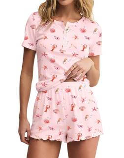 Lacozy Cute Pajama Sets for Women 2 Piece Short Sleeve Floral Print Button Shirt and Short Pj Sets Woman Y2K S