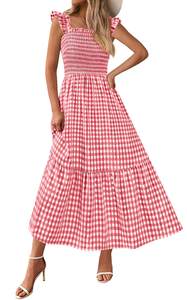PRETTYGARDEN Women's Summer Dress Casual Ruffle Strap Gingham Midi Sundress | Square Neck, Smocked Boho Dress,