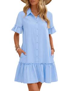 MEROKEETY Women's Summer Casual Tshirt Dress Button Down Shift Mini Dresses | Short Sleeve, V Neck Lapel Colla