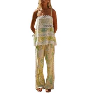 Women's 2 Piece Floral Print Set Lace Trim Cami Top & Wide Leg Pants Set Boho Summer Vacation Outfit Medium Gr