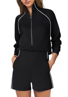 SENSERISE Womens Long Sleeve Romper One Piece Jumpsuits | Striped, Half Zipper, Lounge, Airport Travel Outfit,