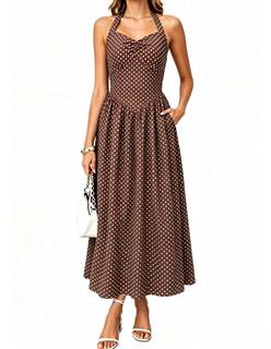 Women's Vintage Polka Dot Halter A-Line Maxi Dress with Pockets | Ruched sweetheart bust, adjustable tie-back 