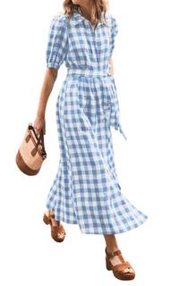 CHARTOU Women Summer Plaid Puff Short Sleeve Dress Button Down Long Shirt Dress with Belt Large Blue