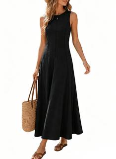 Women’s Round Neck Maxi Dress V Back Tie Back Summer Dress | Sleeveless maxi dress with round front neck, V-ba