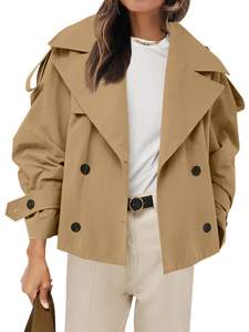 Tankaneo Womens Cropped Trench Double Breasted Short Jacket with Belt | Office, Work, Fall Fashion, Outerwear,