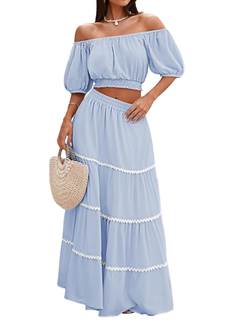HUUSA 2026 Summer 2 Piece Boho Outfits for Women Short Sleeve Off Shoulder Crop Top and High Waist Flowy Long 