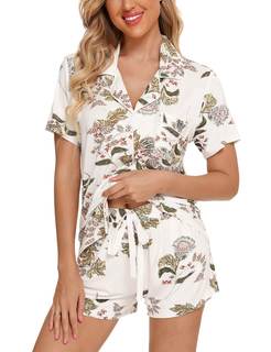 Samring Womens Pajamas Set Short Sleeve Button Down Sleepwear 2 Piece Pjs | Lounge Set,Side Pockets,Soft Stret
