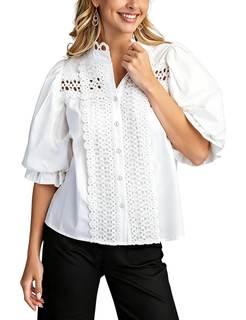 Esmeling Women Lace Embroidered Eyelet Top Mock Neck Puff Ruffle Sleeve Shirt Hollow Out Button Down Blouse Wh