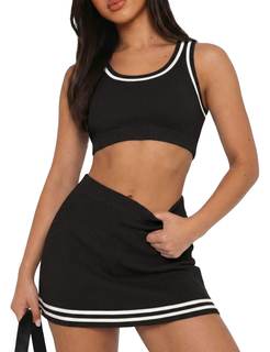 TQD Women's 2 Piece Summer Matching Sets Knit Two Piece Outfits Sweater Tank Top Short Skirt Set with Shorts L