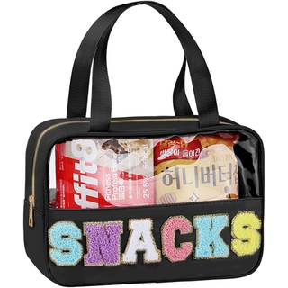 Snack Bag for Travel - Chenille Letter Clear Makeup Bag, Large Preppy Patch Snack Cosmetic Bag with Handle and