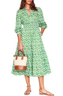 YEXPINE Women's Printed Tiered Cotton Midi Dress Long Sleeve V-Neck Smocked Waist A-Line Spring Dress Green Sm