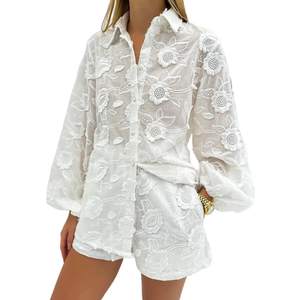 REASERAL Womens Lace 2 Piece Outfits Long Sleeves Lapel Jacket Top Lace Up Mini Shorts Casual Going Out Sets W