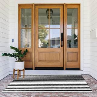 Small Black and White Layering Front Doormat Rug 2x4.3ft Striped Outdoor Porch Rug Cotton Woven Carpet Layered