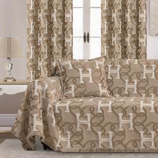 Modern Letter H Jacquard Couch Covers, 71" X 118", Taupe | Chain Pattern Jacquard Chenille Sofa Cover with Fri