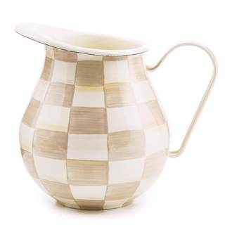 MACKENZIE-CHILDS Pitcher with Spout, Brown-and-White Mocha Check | Hand-painted design, made from enameled ste
