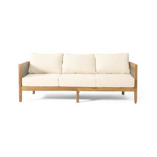 Burchett Outdoor 3 Seater Sofa with Cushions - Acacia Wood and Round Wicker - Teak/Mixed Brown/Beige