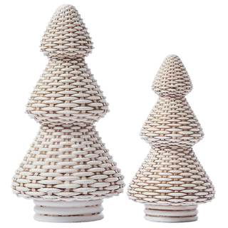 DN DECONATION White Christmas Tree Figurines, Natural Rattan Style Decor | Tabletop Christmas Decor, Set of 2 