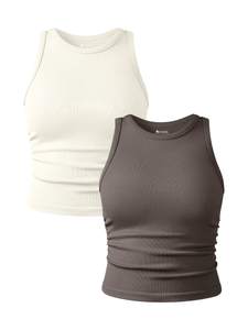 OQQ Women's 2 Piece Tank Tops Crew Neck Sleeveless Basic Stretch Casusal Yoga Crop Camis Medium Tea Leaf,beige