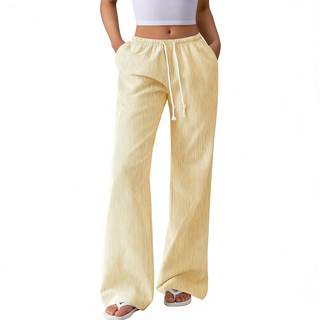 Women's Striped Wide Leg Linen Pants, Elastic Waist Drawstring with Pockets, Casual Lounge PJ Beach Pants for 