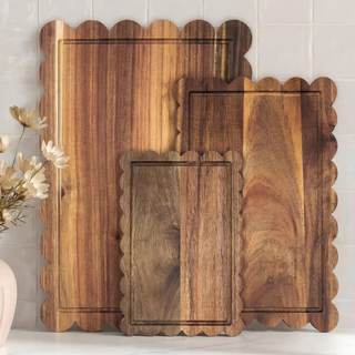 3 Pcs Acacia Wood Scalloped Cutting Board Set, Decorative Cutting Boards Bread Charcuterie Board for Cottageco