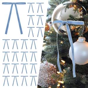 SIMISI RIBBON 24Pcs Light Blue Christmas Velvet Ribbon Bows Decorations Xmas Ornaments Vintage Decor for Tree,