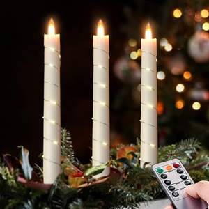 Flameless Cone Candle with Built-in Star String Light, 11-Button Remote Control, Timer, Battery Powered, Simul