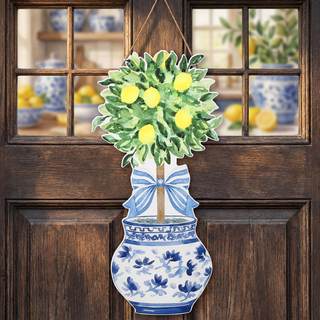 RattanView Large Size Chinoiserie Lemon Tree Door Hanger Summer Lemon Wooden Sign Front Door Home Wreath Ornam