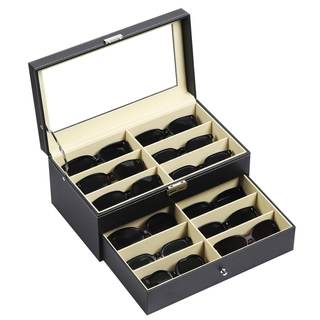 AUTOARK Leather 12 Piece Sunglass Storage Display Case,Black,AW-023 | Eyeglasses Organizer,Drawer Style,Lockab