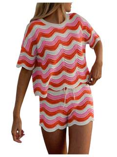 RoseSeek Women's 2 Piece Beach Cover Ups Crochet Short Set | Colorful Knit, Short Sleeve Tops, Wide Leg Shorts