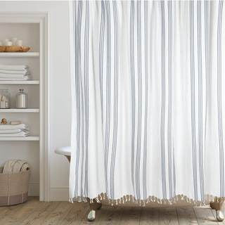 HALL & PERRY Modern Transitional Chambray Blue Striped Shower Curtain with Tassels - Vertical White and Chambr