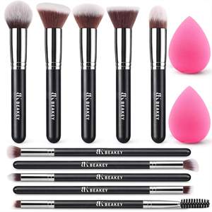 BEAKEY Makeup Brushes set with 2 Blending Sponges,10 Brush Face and Eye Set | Beginner-friendly face and eye t