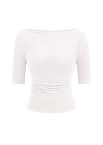 PRETTYGARDEN Womens Boat Neck Basic Short Sleeve Tops | Comfy Stretchy Ribbed Knit, Ruched Waist Slim Fit T Sh