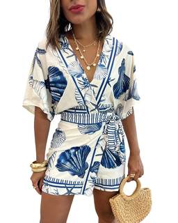 THLAI Womens Short Sleeve V Neck Seashell Print Wrap Tie Waist Skort Romper One Piece Outfits with Inner Layer