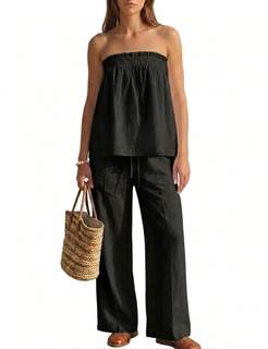 MAKABO 2 Piece Sets for Women Summer Tube Top Lounge Matching Trendy Wide Leg Pants Travel Airport Outfit