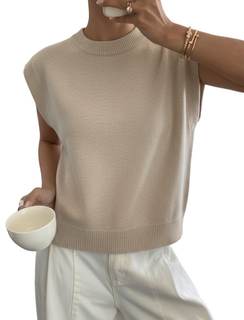 ZAFUL Womens Loose Mock Neck Sweater Vest Cap Sleeve Knit Pullover Tank Tops for Business Casual Large Apricot