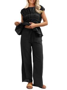 Tankaneo Womens 2 piece linen Pants sets Summer Cotton Vacation Outfits | Two Piece Matching Set, Babydoll Pep