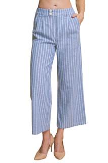 miduo Womens Elastic Buttons Zipper High Waisted Striped Cropped Pants Straight Leg Pant Trousers with Pockets