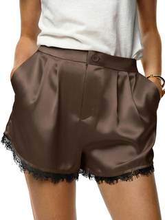 Tankaneo Womens Satin Silk Shorts High Waist Lace Lounge with Pockets | Button Detail, Lace Trim, Summer Casua