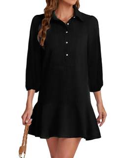 YEXPINE Women Button Down Dress Casual 3/4 Puff Sleeve Cotton Linen Dress Flowy Ruffle Hem Tunic Shirt Dresses