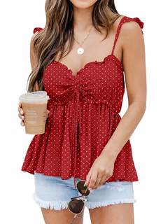 Poetsky Summer Beach Tanks for Women Sexy Going Out Tops Cute Peplum Babydoll Shirts Large Red Polka Dot