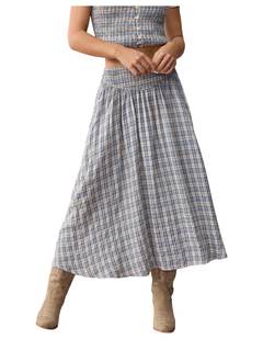 SHENHE Women's Gingham A Line Midi Skirt Smocked Waist Flowy Vintage Cottagecore Skirt Small Blue