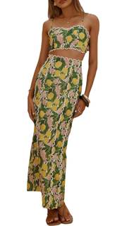 Women's Summer Holiday 2 Piece Outfit Floral Print Backless Cami Top and High Waisted Maxi Slit Skirt Flax Set