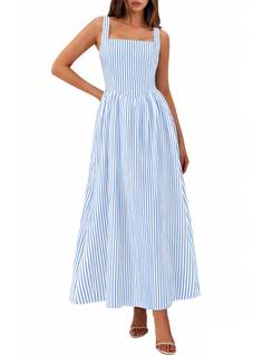 PRETTYGARDEN Women's Maxi Dress Summer Striped Sundress | Sleeveless Square Neck, Long Flowy A Line, Smocked B