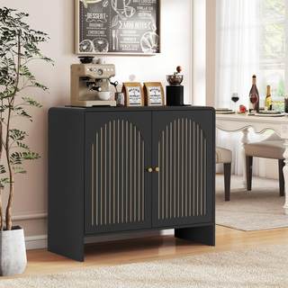 Black Sideboard Buffet Cabinet with Storage, Wood Arched Storage Cabinet with 2 Doors and Adjustable Shelf, Sm