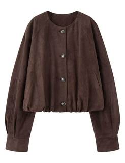 Women’s Cropped Faux Suede Jacket Crew Neck Button Down Outerwear Long Sleeve Oversized Bomber Jacket