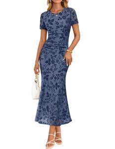 ZESICA Women Summer 2026 Floral Short Sleeve Bodycon Mesh Maxi Formal Dress | Ruched Fitted Casual Work Dress,
