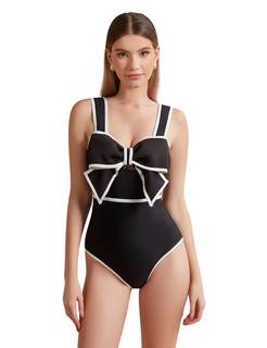 FLAXMAKER Black and White Swimsuit Bow-tie Decor One Piece Bathing Suit Small Black Swimsuit