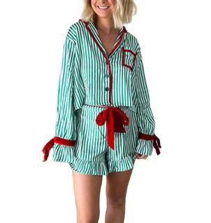 Lordree Women Silk Christmas Pajamas 2 Piece Satin Xmas Pjs Striped Print Long Sleeve Bow Tie Shirt Shorts Set