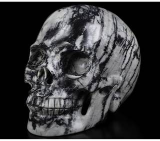 Skullis 5.0" Black Picasso Crystal Skull, Hand Carved Gemstone Fine Art Sculpture, Reiki Healing Stone Statue.